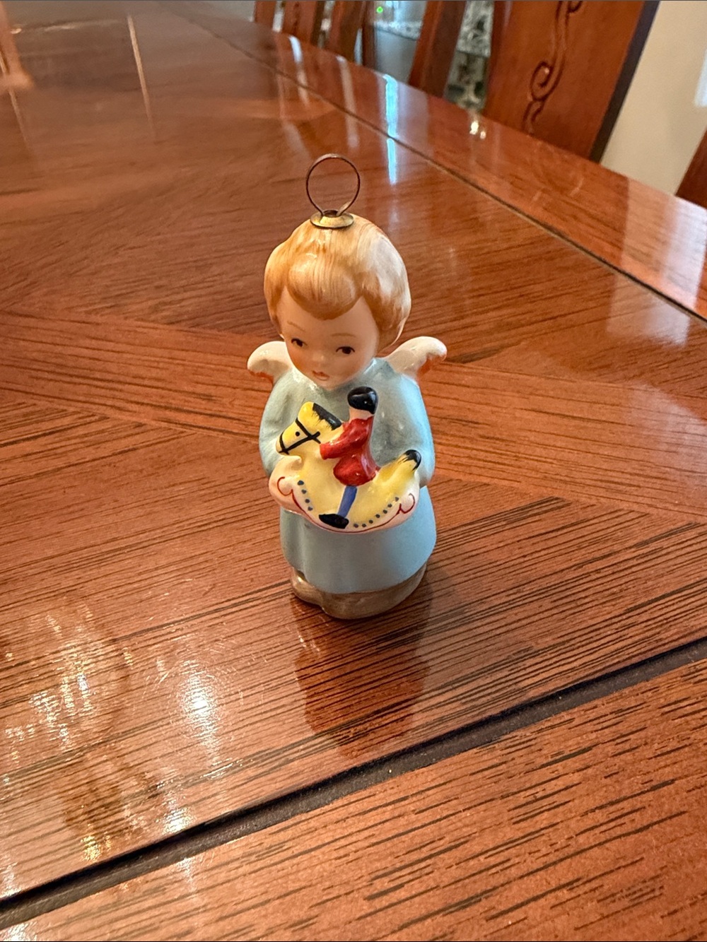 3” Goebel Vintage Angel Ornament in Blue Holding Yellow Rocking Horse